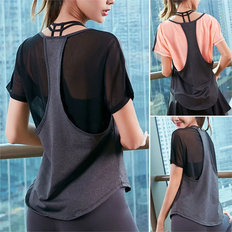 

New Women Loose Yoga Short Sleeve T-Shirt Breathable Mesh Fake Two Pieces Sportswear XD88