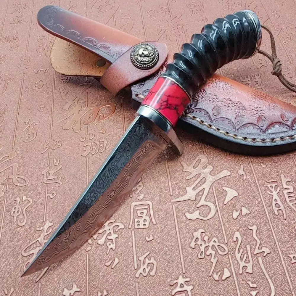 Нож из стали дамасск с ручкой из черного когтя оленя, ручной работы, охотничий подарок.