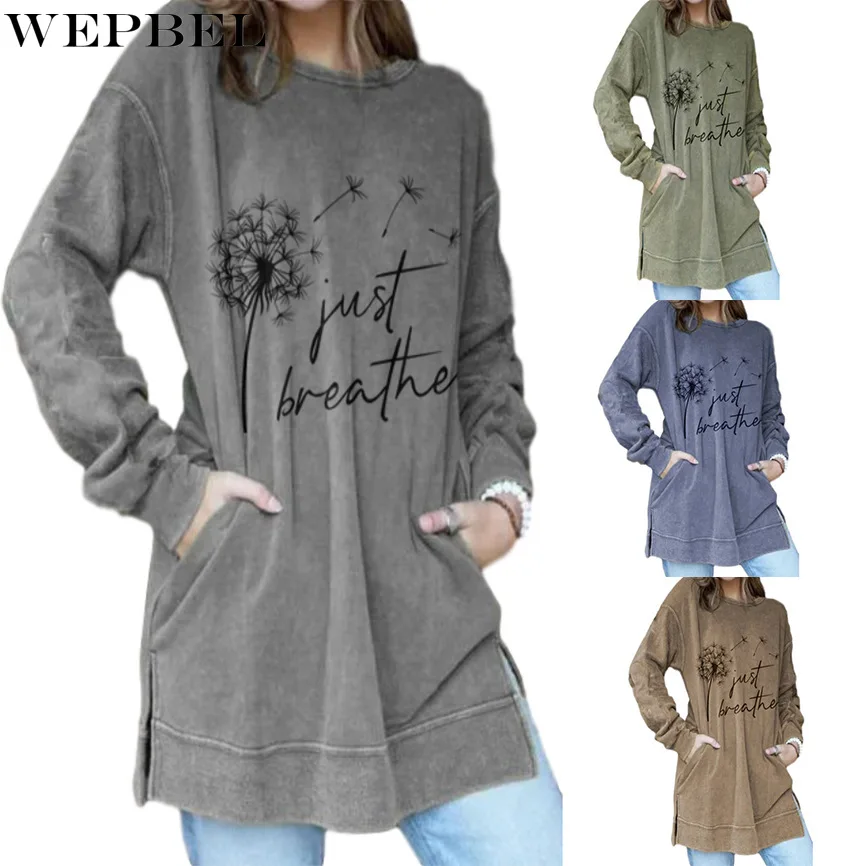 

WEPBEL Pullovers Women's Casual Printed Loose Split Sweatshirt Autumn Fashion Long Sleeve O-Neck Pocket Sweatshirt