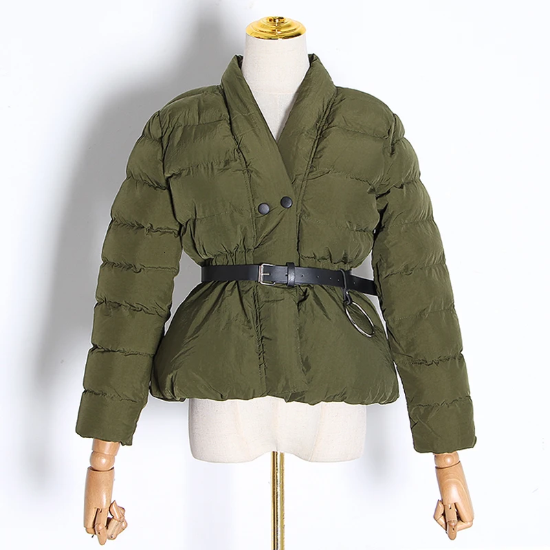 armygreen GALCAUR, корейское хлопковое Женское пальто, v-образный вырез, длинный рукав, высокая талия, с поясом, туника, повседневная куртка для женщин, осень, модная новая одежда - Цвет: armygreen