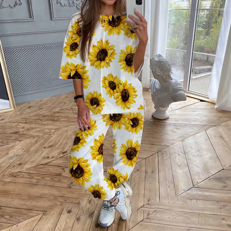 

2021 Spring Summer New Women O Neck Print Fashion Casual Set Elegant Mid Sleeves Long Pants Loose Pullover Soft Streetwear Sets