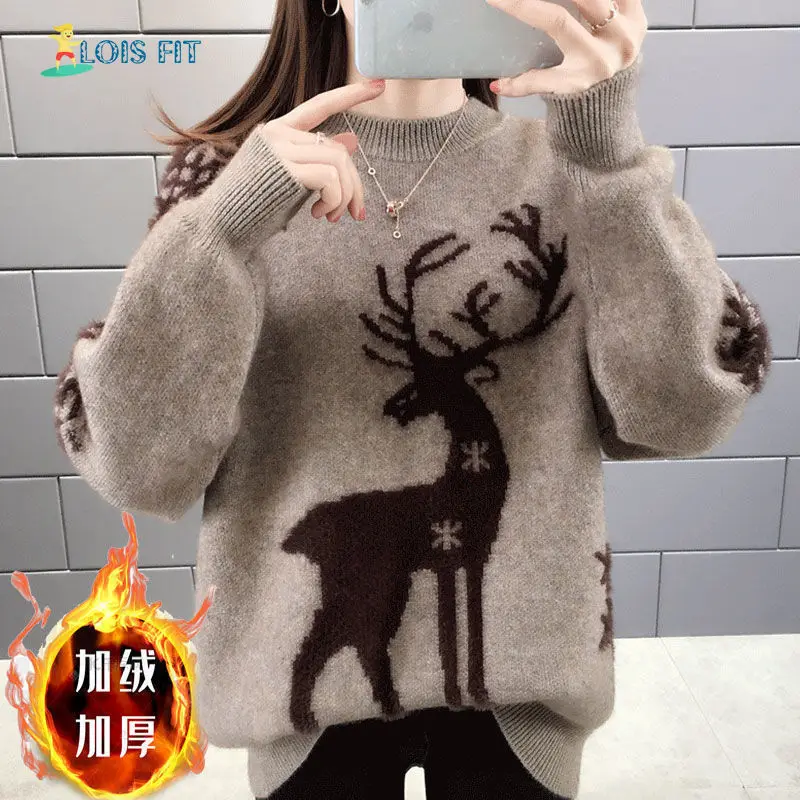 Deer Christmas Plus Velvet Sweater Lady Thick Loose Outerwear 2021 Autumn Winter New Knitwear Halloween Sweater Women