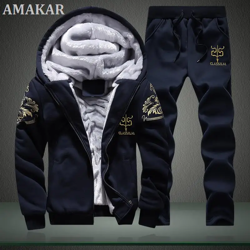 

Winter Inner Fleece Hoodies Men New Casual Hooded Warm Sweatshirts Male Thicken Tracksuit 2PC Jacket+Pant Men Moleton Masculino