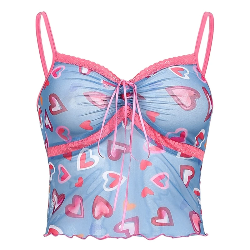

Women Sexy Spaghetti Strap V-Neck Crop Top Rainbow Heart Print Mesh Camisole Lace Trim Ruched Drawstring Slim Vest