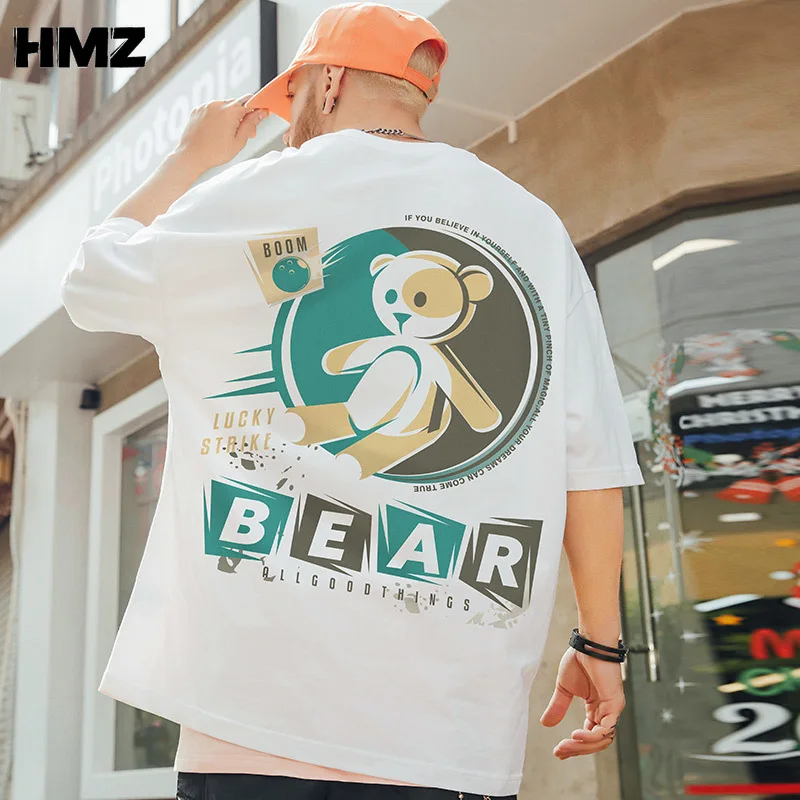 

HMZ Summer Casual T-Shirt Men Bear Print Funny T shirt Cartoon Tee Men Short Sleeve Tee Harajuku Cute Top Oversized Men T-shirt