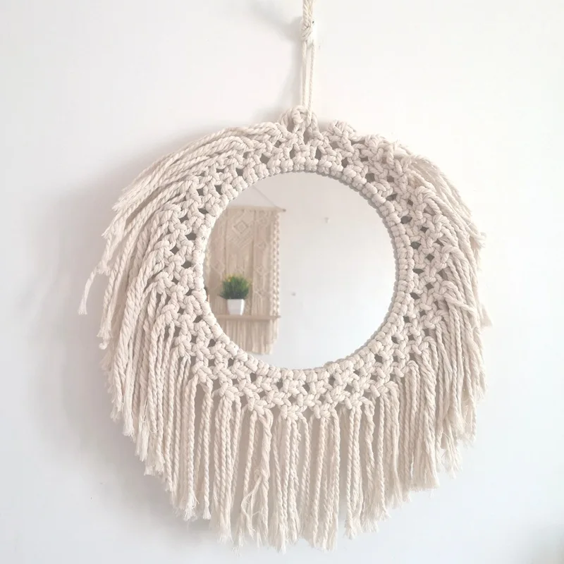 Espelho de Macrame Tapeçaria de Parede Espelhos para Casa Banho de Maquiagem Pendurar Parede Artesanal Maquiagem Espelho Iluminado Compacta Casa Varanda Quarto Uma