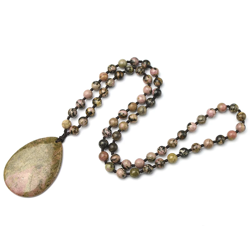 Natural 8mm Black Line Rhodochrosite Stone Beads Necklace Women Energy Pendent Necklaces Jewelry Handmade Knotted Accessories | Украшения и