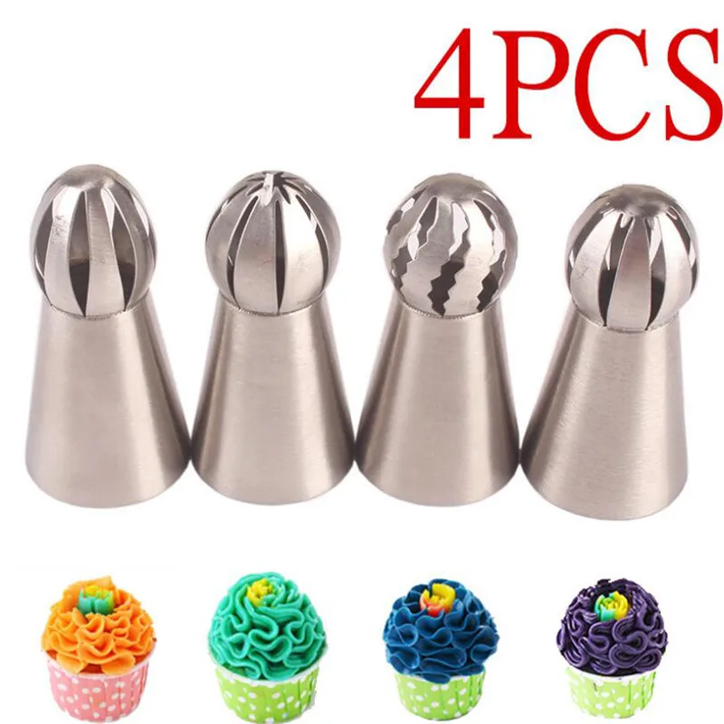 

4PCS Spherical Icing Piping Nozzle Russian Ball Pastry Tips Fondant Cupcake Sphere Shape Cream Baking Tip Tool Stainless Steel