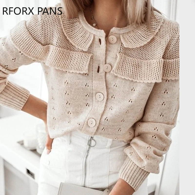 

Women Casual Chic Solid Ruffle Hem Long Sleeves button Hollow out Sweat Sweater Tops