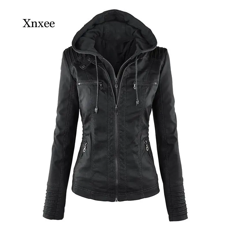 Faux Soft Leather Jackets Coats Lady Black PU Zipper  Motorcycle Streetwear  Women Autumn Winter warm zipper hooded  khaki