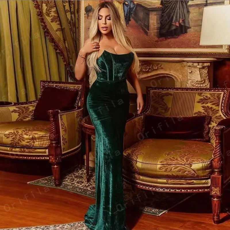 

Потрясающее бархатное зеленое платье для выпускного вечера, платье русалки без бретелек для женщин Вечерние вечернее платье с длинным рука...