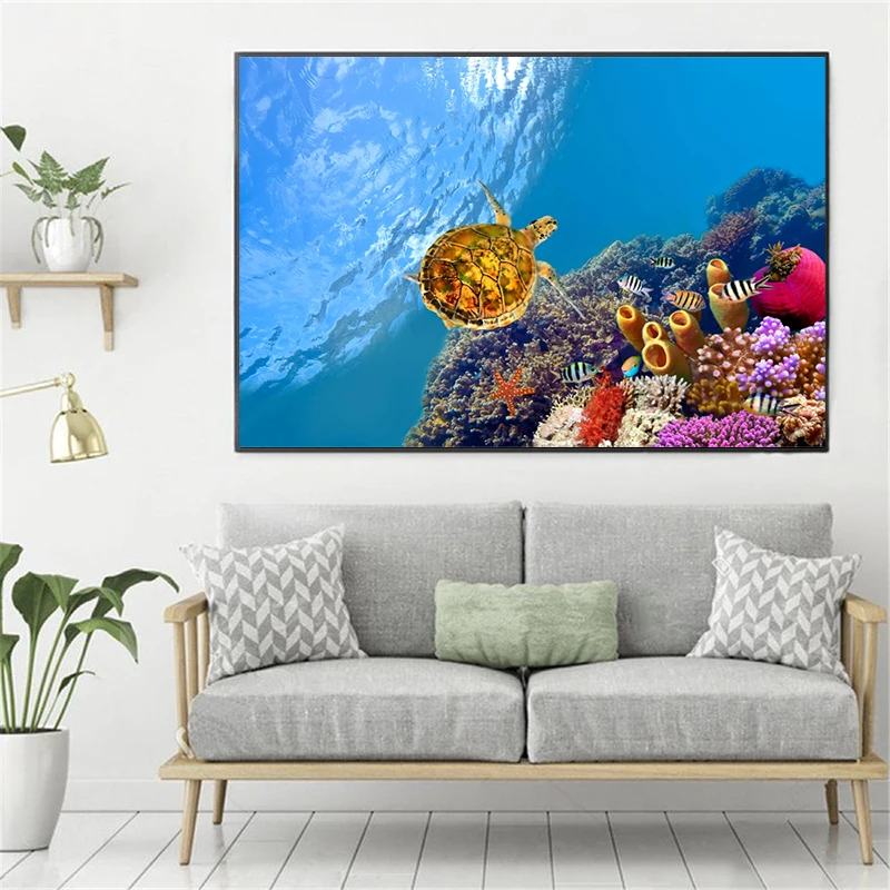 

Colorful Sea World Turtle Fish Coral Art Canvas Poster Painting Oil Wall Picture Print Modern Kids Room Home Bedroom Decoration