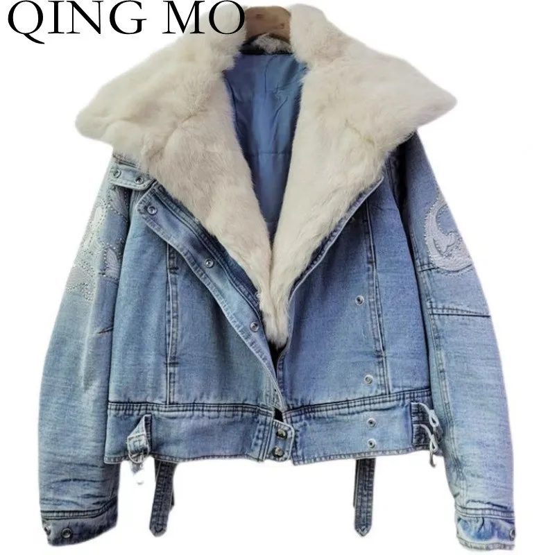 

Куртка женская джинсовая с воротником из лисьего меха, зимняя, 2021