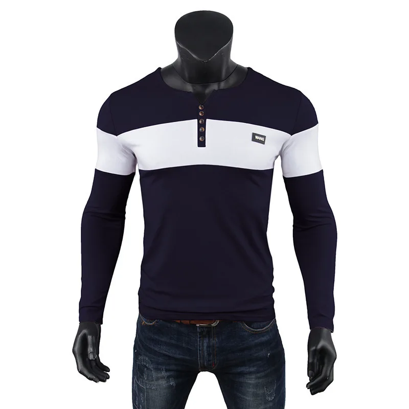 Мужская футболка с длинным рукавом, весна-осень, повседневные топы с v-образным вырезом, хлопковая тонкая мужская одежда