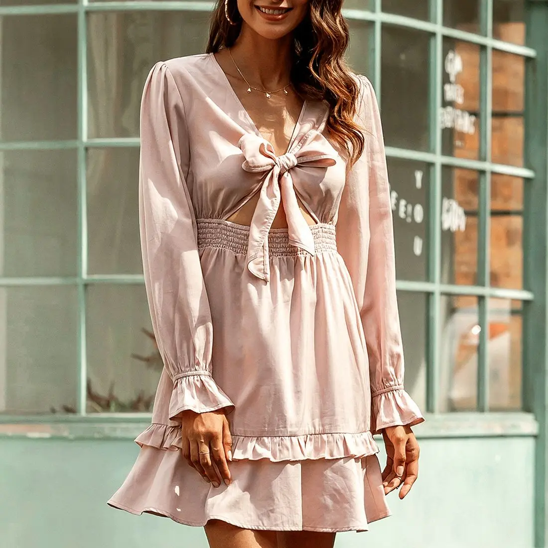 

Женское платье с бантом, повседневное однотонное платье с V-образным вырезом и поясом на резинке, весна-осень 2020