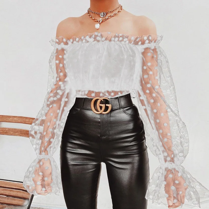 Футболка женская с длинным рукавом пикантный сетчатый топ из полиэстера в