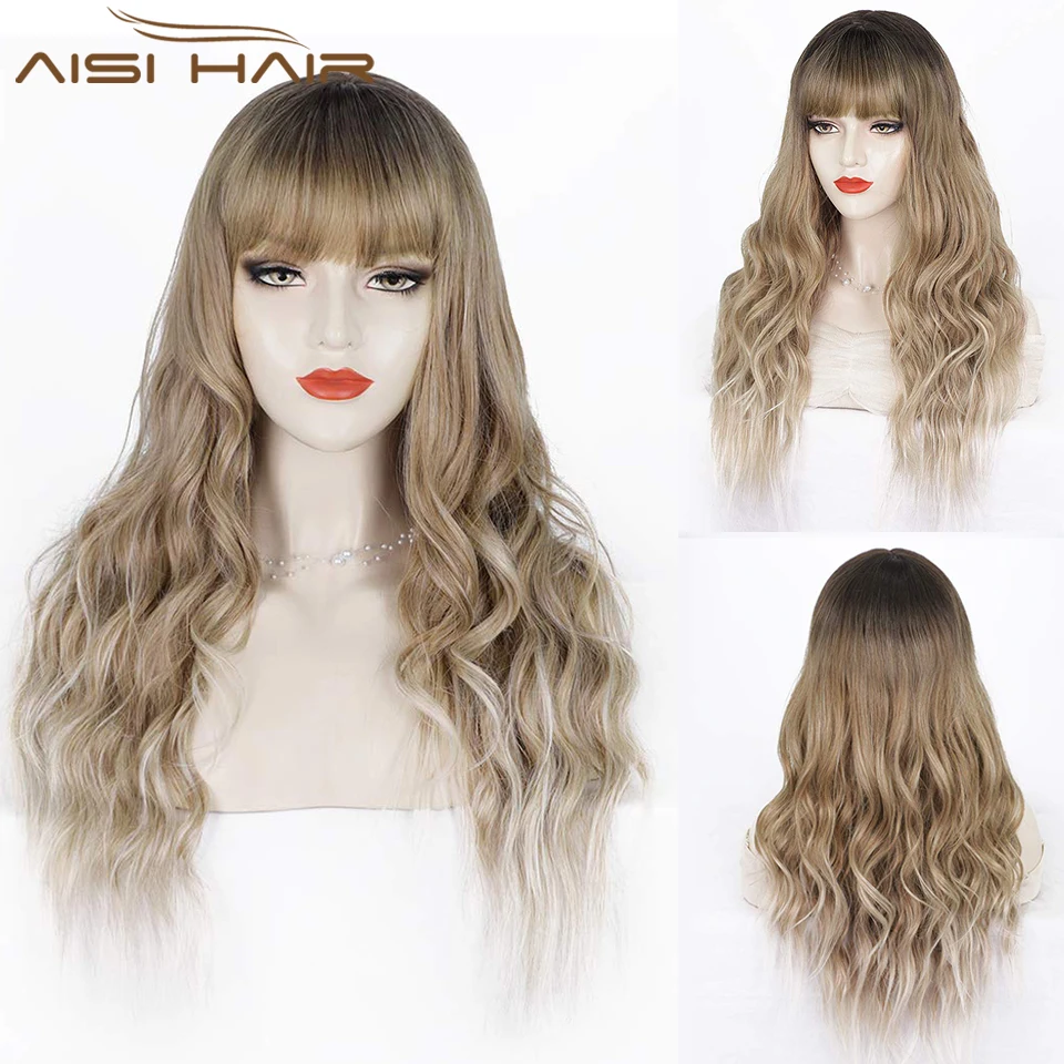 

AISI HAIR Long Wavy Synthetic Hair Wigs With Bangs for Women Ombre Ash Blonde Mix Blonde Middle Part Heat Resistant Wig