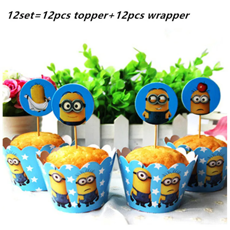 12 компл. Мультфильм Миньоны Гадкий бумажные обертки для кексов Топпер коробка
