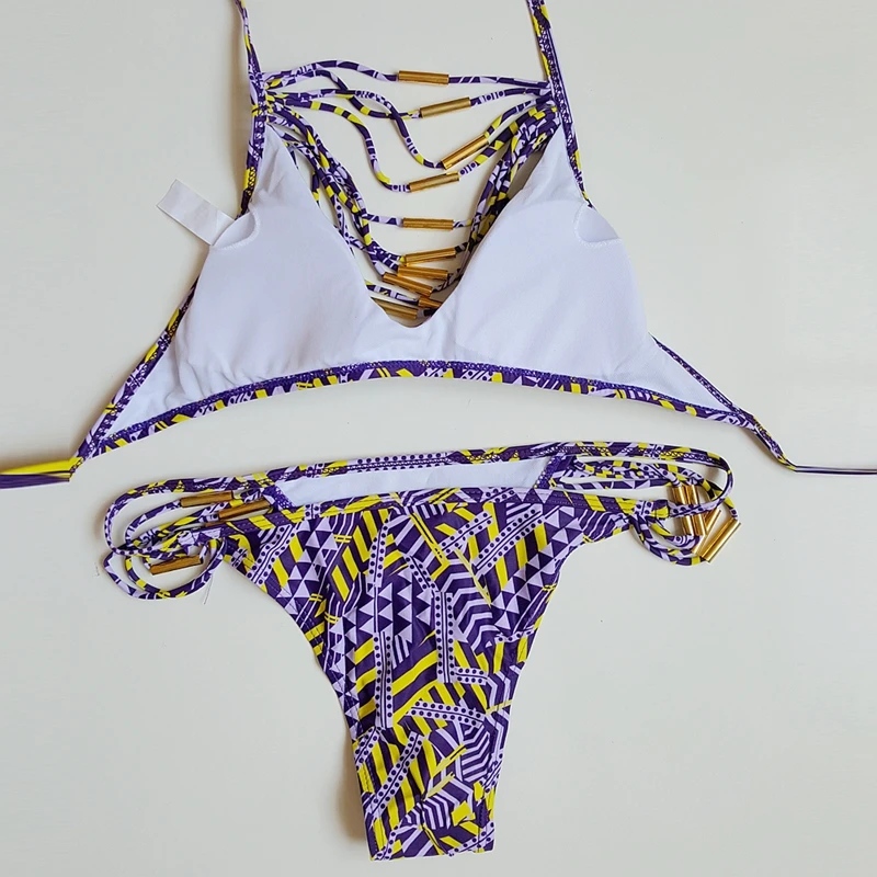 

2021 European American Sexy Wild String Tassel Bandage Bikini Swimwear Personality Totem Print Swimsuit Bathers swimwear women
