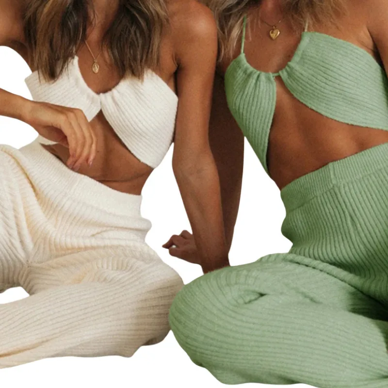 

Women Solid Color Clothes Set, Halter Sleeveless Backless Deep V-neck Knitted Cropped Tops + High Waist Long Pants Summer 2021