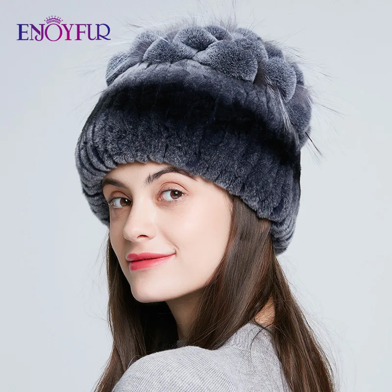 ENJOYFUR шапки из меха кролика рекс для женщин Зимняя Толстая теплая вязаная меховая