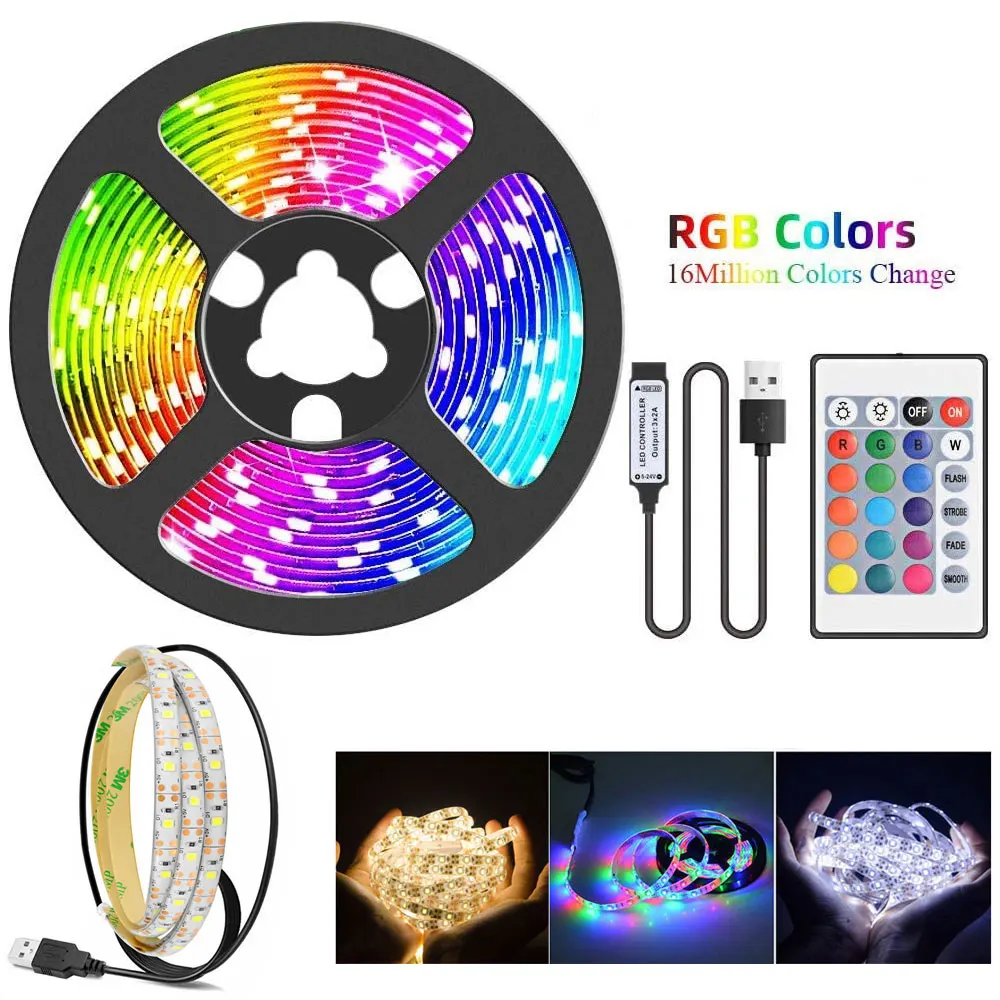 

TV Backlight USB White LED Strip Lights 2835 RGB DC 5V Colored Stripe Ribbon Diode Tape Tasma for Home Room PC Decoration Lamps