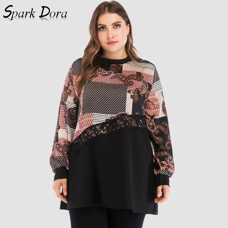

SparkDora Women Clothes 2019 Plus Size T-shirt Loose Comfortable Slim Stitching Lace Shirt