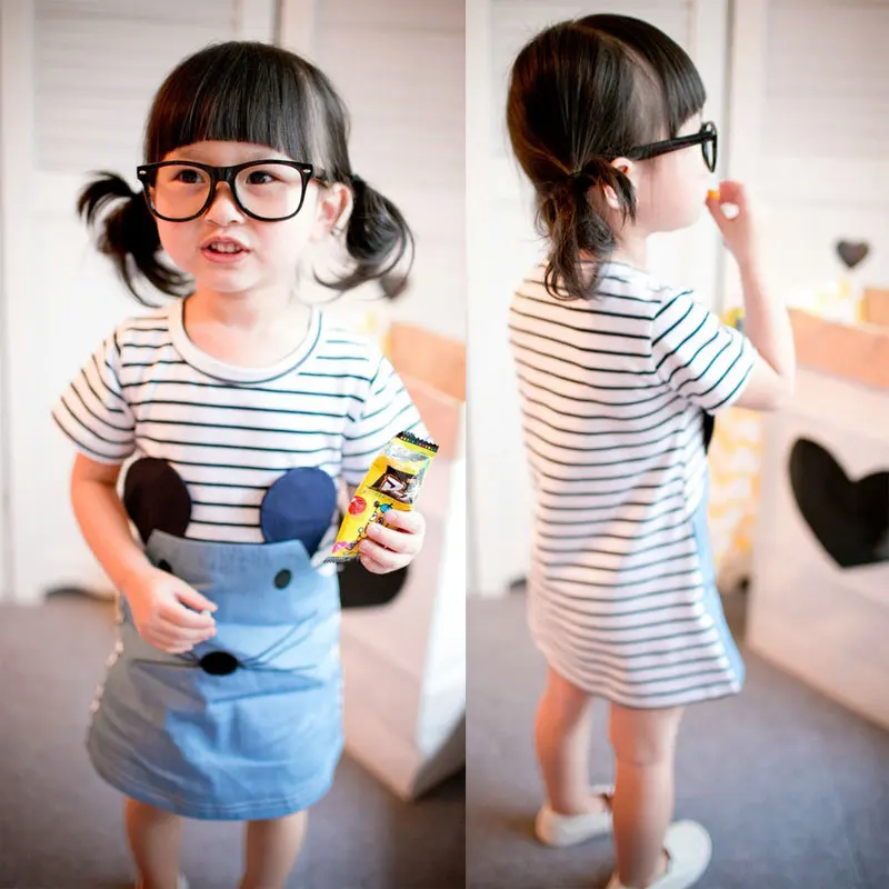 Летние платья для девочек Хлопковые в полоску с короткими рукавами и рисунком