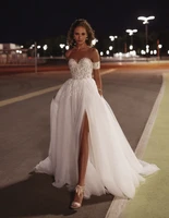 off shoulder beach wedding dress side slit high cut tulle bride dresses lace appliques a line sweetheart wedding gown ivory 2021