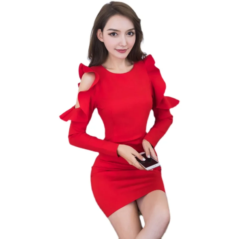 

COIGARSAM Sexy Ruffles Women one-piece dress korean New Spring Full Sleeve Dresses Black Red 1013