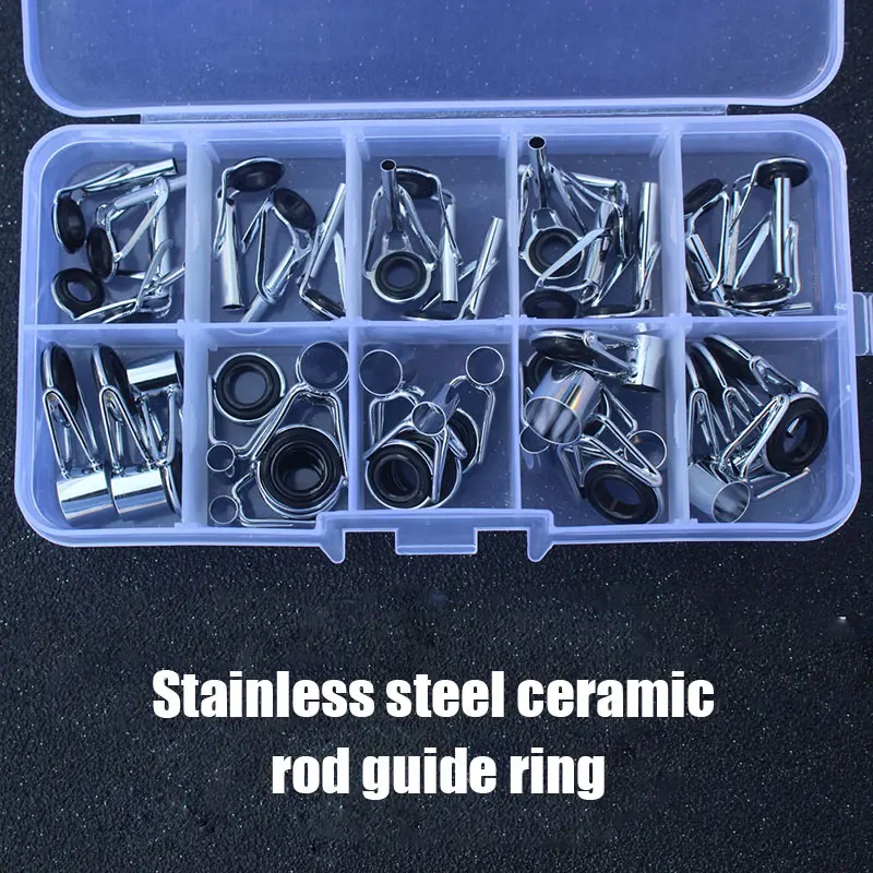 

Hot Fishing Rod Tip Repair Black Stainless Steel Ceramic Ring Guide Replacement Kit Mixed Size in Box DO2