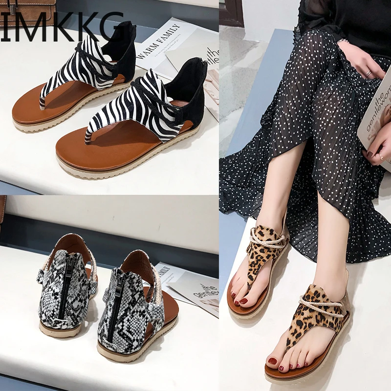 Сандалии женские с леопардовым принтом пляжная обувь кожаные