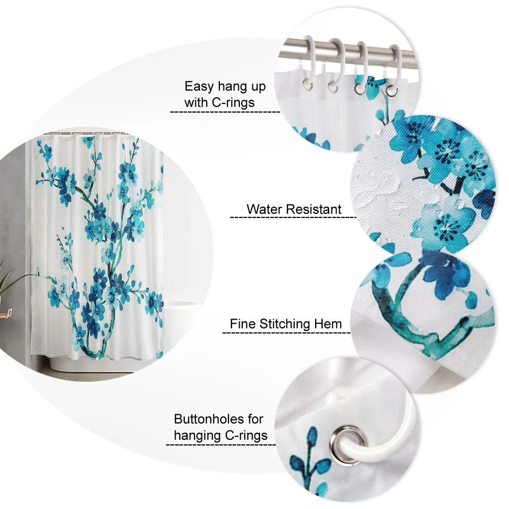 

Blue Ink Plum Shower Curtain Polyester Fabric Bathroom Home Decor Waterproof Shower Curtains with Hooks
