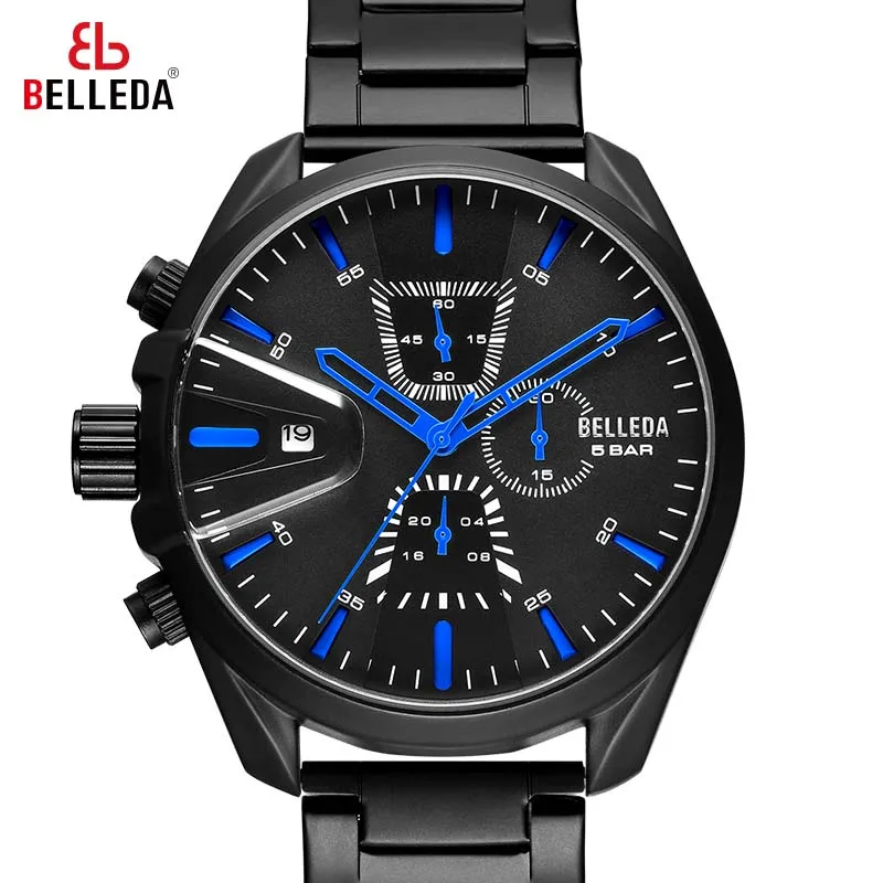 BELLEDA Роскошные Брендовые мужские военные спортивные Аналоговые черные кварцевые