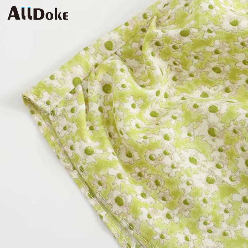 

ALLDOKE green floral print vintage short dress women summer high waist square collar puff sleeve boho ruched dresses vestidos