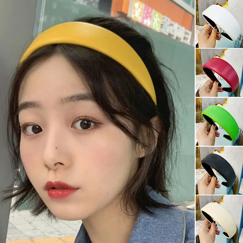 

Ободок из искусственной кожи Женский, элегантная широкая повязка на голову из искусственной кожи, классический однотонный головной убор, а...