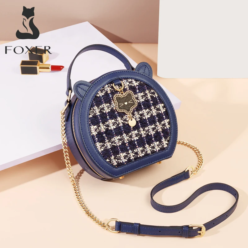 

FOXER Brand Original Small Round Bag for Girl Chain Shoulder Bag Street Fashion Leather Women Mini Handbag Female Crossbody Bag