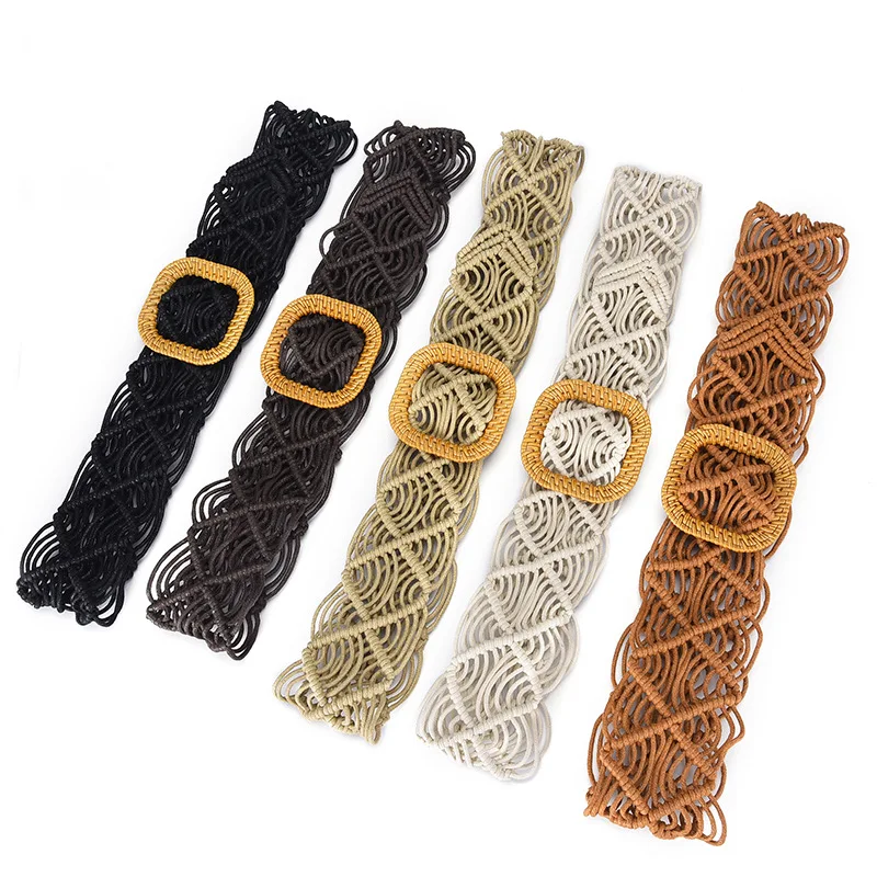 

Wax Rope Knitted Women Belt Vintage Ladies Belts for Dresses Ethnic Style Khaki Black Coffee Female Waist Belt