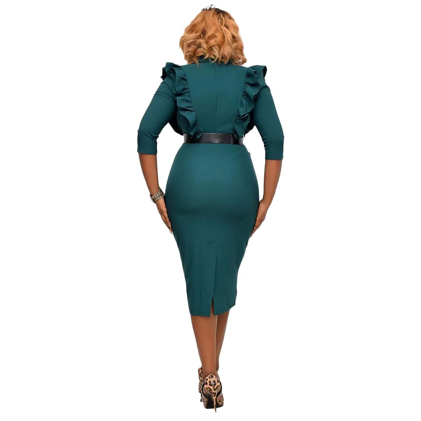 

Women Office Ladies Dress Slim Elegant Work Wear Ruffles V Neck Classy Modest Elastic Female African Spring Fahion New 2021 Wear