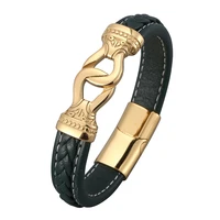 green leather bracelets bangles men jewelry vintage totem gold stainless steel magnetic buckle punk male wristband gift pd0809