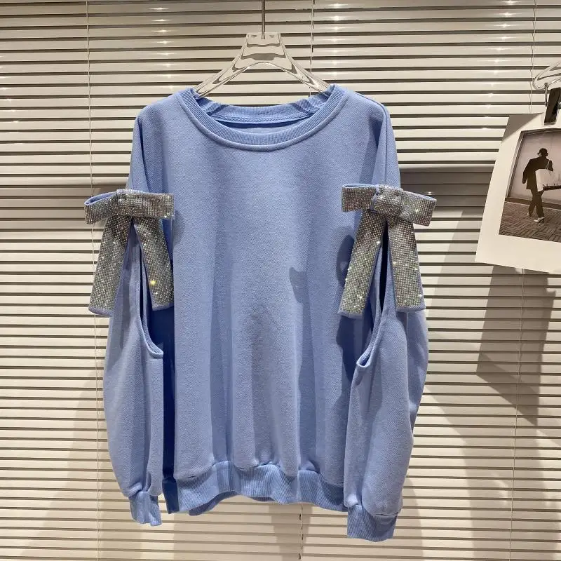 

2021 Women's Spring New Rhinestone Bow Hollow Sleeve Round Neck Solid Color Casual Sweatshirt Top Shiny Pullover Hoodies