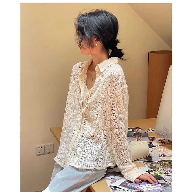 

Japanese Fashion Lady Lace Blouse Hollowed Turndown Collar Thin Cotton Lace Blouse with Inner Loose Casual Women Shirt