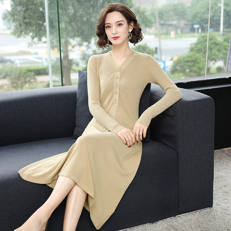 

New Leisure Lady Slim Sweater Dress Elegant Solid Color Button Collar Knit Dress Pullovers