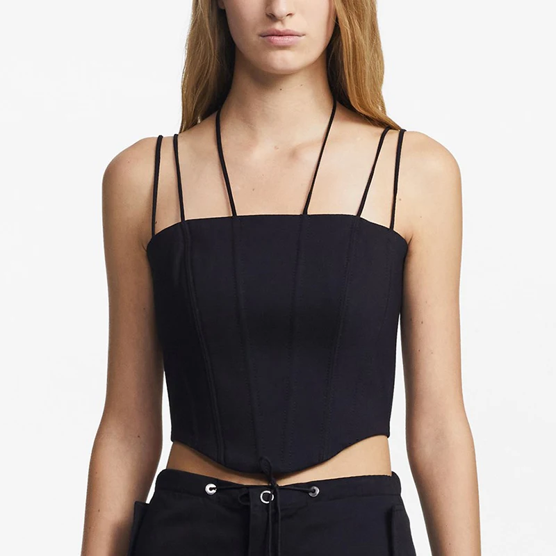 

Chifirena Lace-up Spaghetti Strap Halter Sexy Crop Tops Women Camis Short Top Backless Exposed Navel Elegant Club Party Crop Top