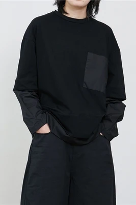 

New Wide Spring and Autumn Minority Design Style Dark Tie-in Loose Stitching Double Long Sleeve T-shirt Tops for Plus