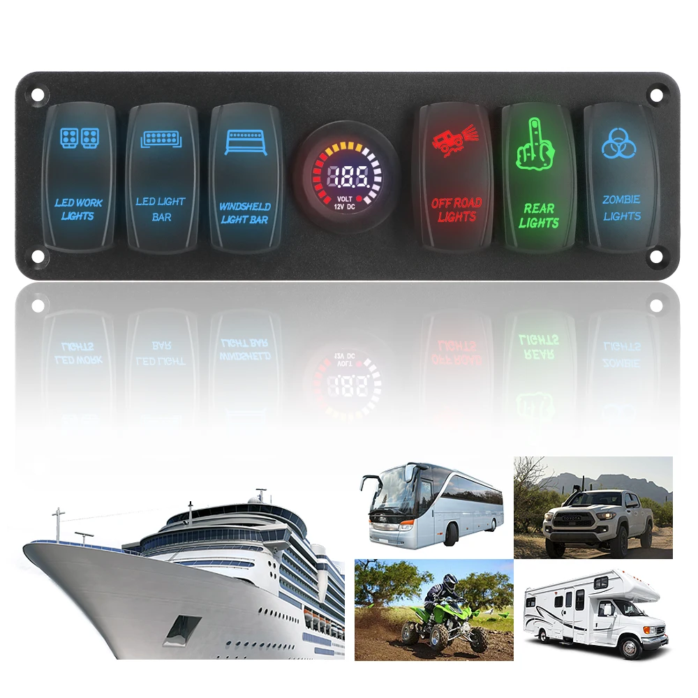

12-24V Waterproof On-Off 6 Gang Rocker Switch Panel Circuit Breaker for RV Car Marine Colorful LED Voltage Display