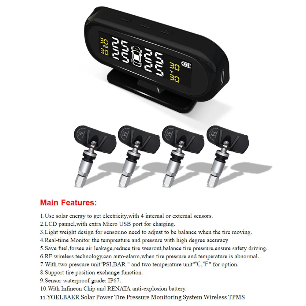 

Solar TPMS Temperature Warning Fuel Save Tire Pressure Monitoring System With 4 External Sensors Car Tyre Pressure Monitor