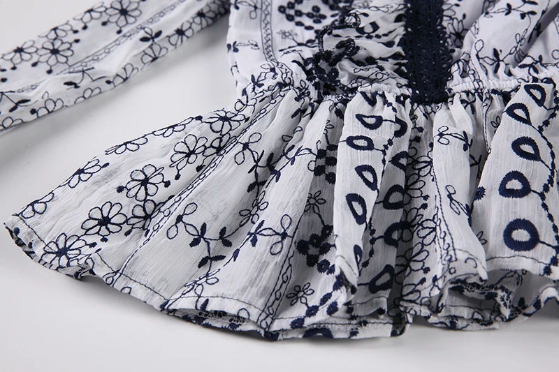 

Ruffle Printed Chiffon Blouse Women's New Spring Style Embroidered Waist Top Fashion