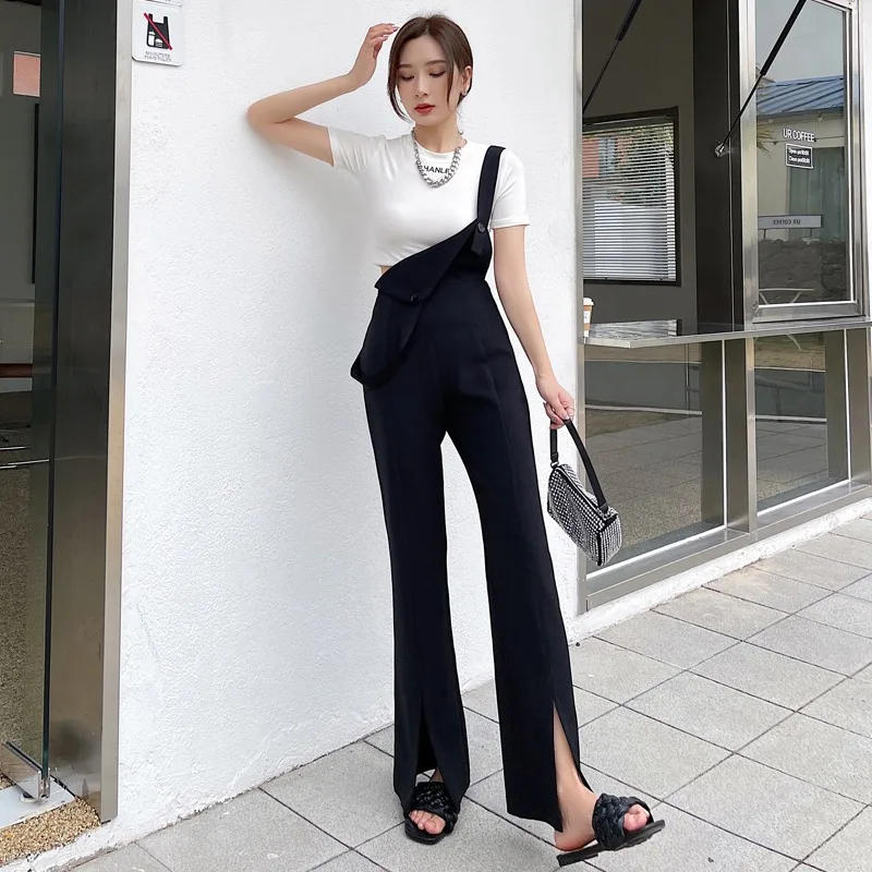 Модные широкие брюки-клеш в Корейском стиле осень 2021 женские черные нейлоновые