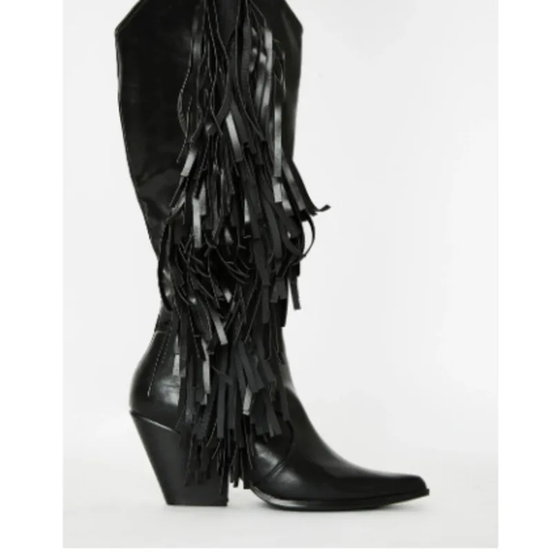 

Women Low Heels Fashion Style Mid Calf Boots Fringed Cowboy Western Boots Shoes Autumn Winter Women Simple Tassel Boots 2021